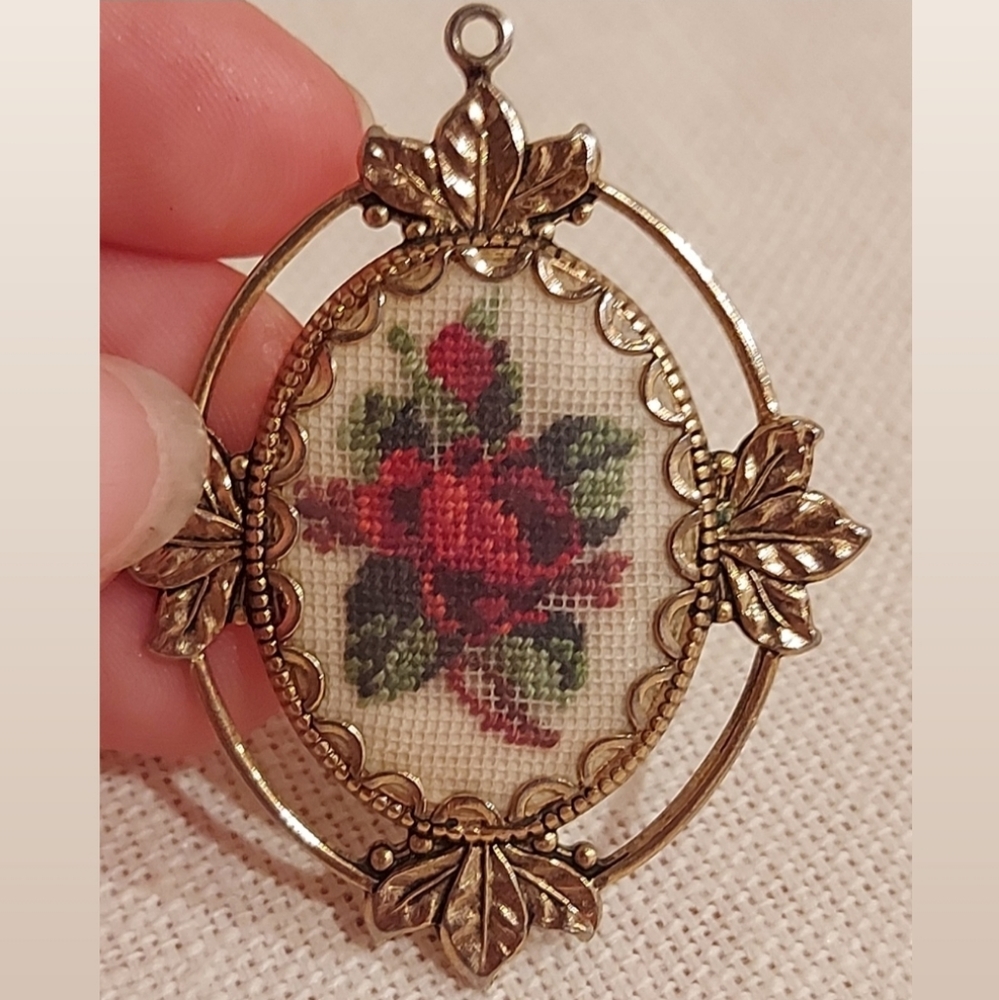Vintage Petit Point Rose Pendant